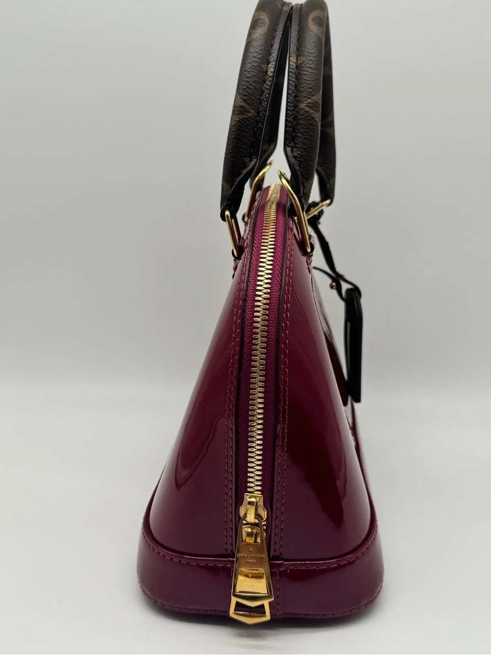 Louis Vuitton Alma BB Vernis Satchel in Deep Cherry with Monogram Strap